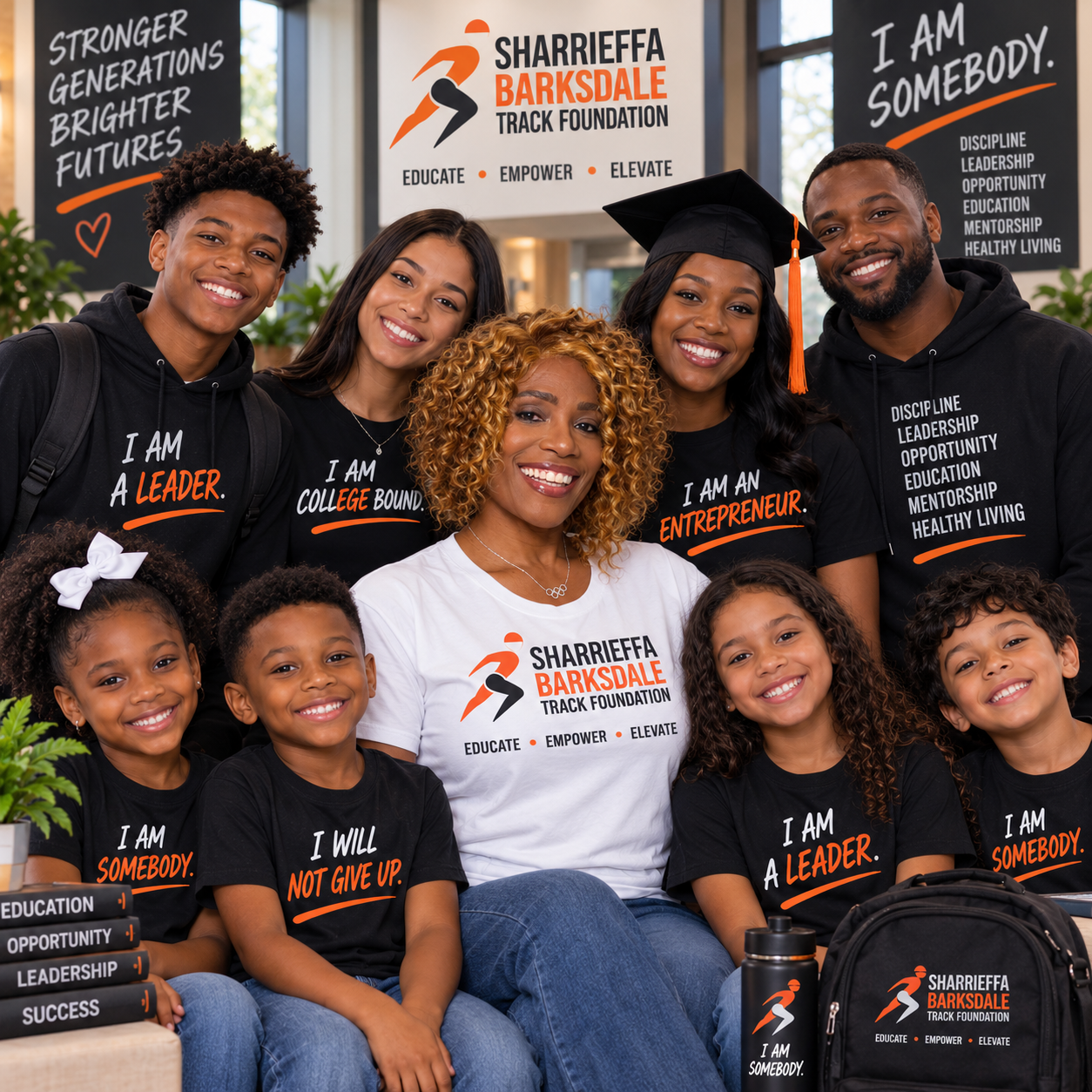 Sharrieffa Barksdale with foundation youth in SBTF shirts and backpacks