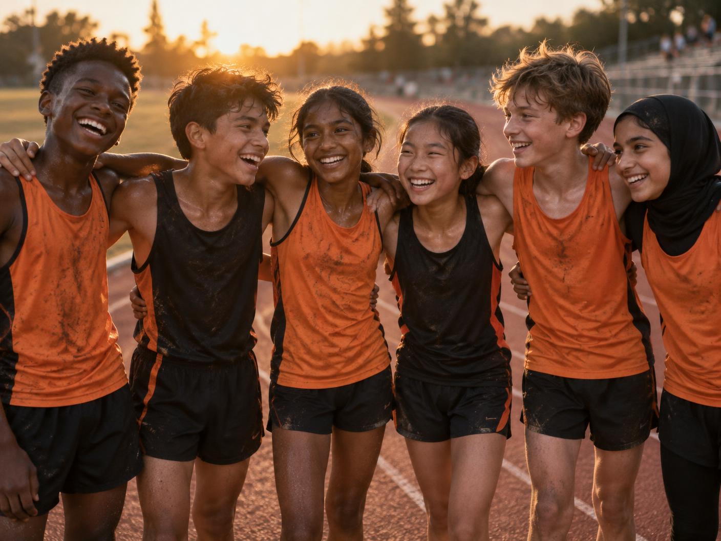 Young runners from many different cultures standing together and laughing on the track
