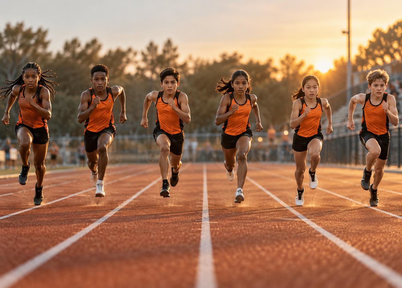 Young runners from many different cultures sprinting side by side on an orange track